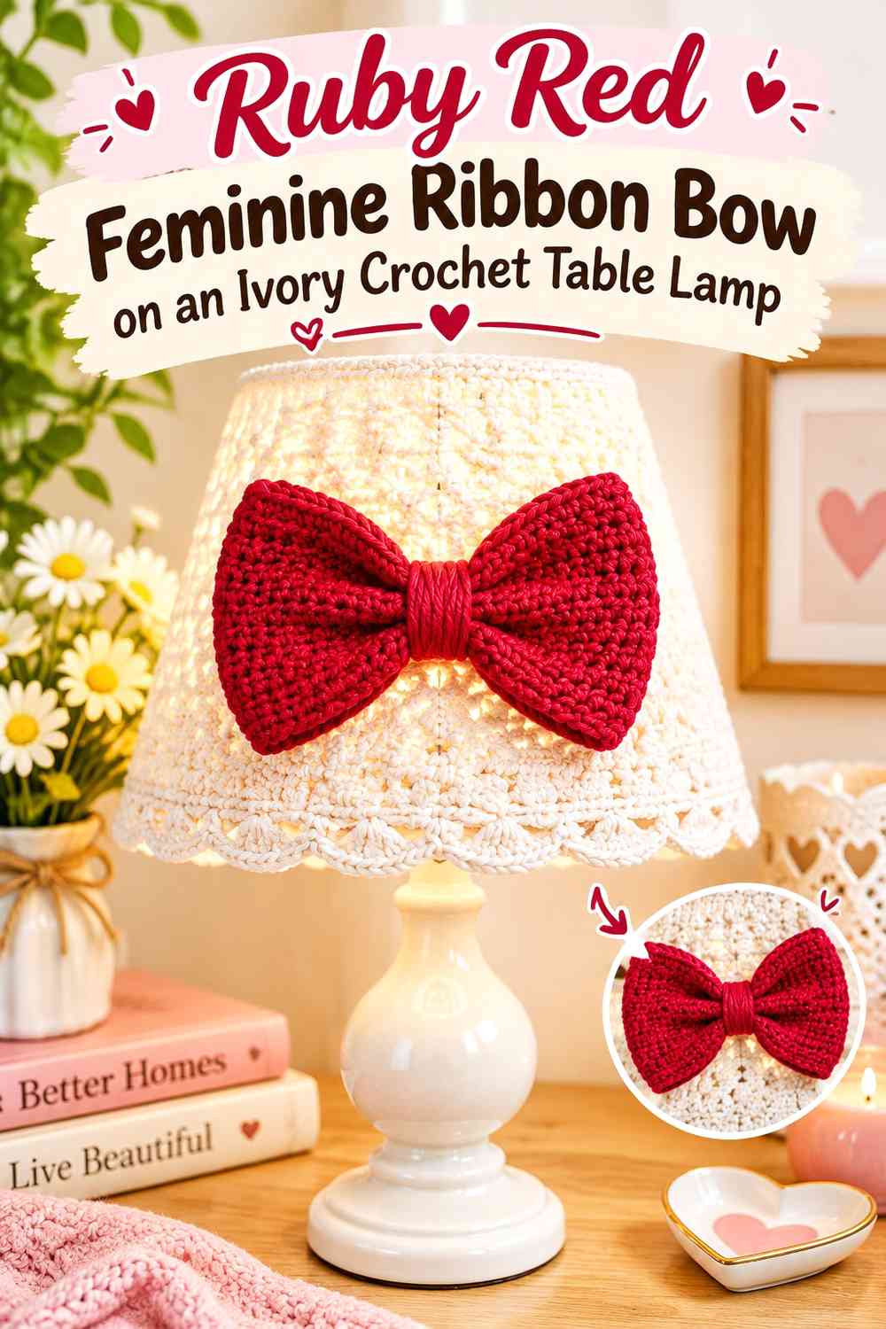 Ruby Red Feminine Ribbon Bow on an Ivory Crochet Table Lamp