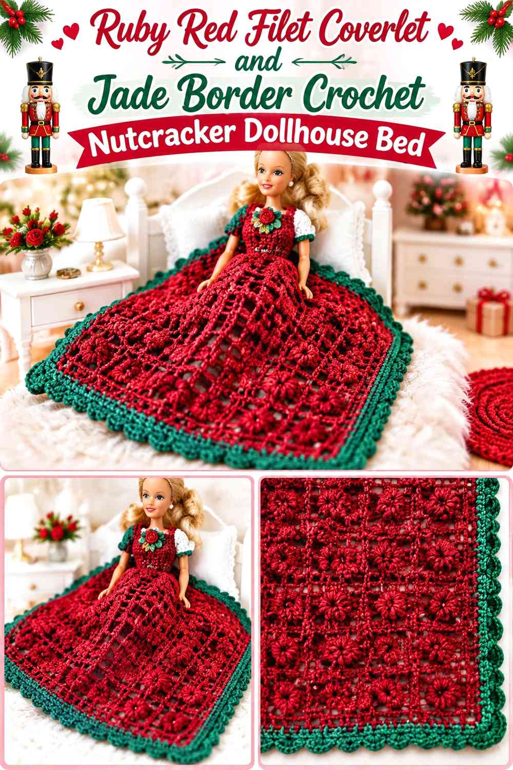 Ruby Red Filet Coverlet and Jade Border Crochet Nutcracker Dollhouse Bed