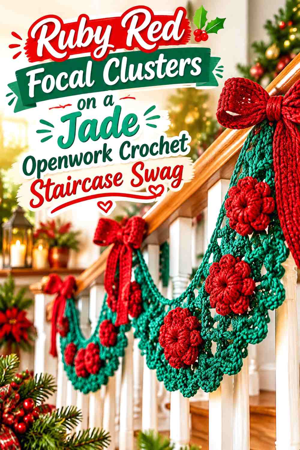 Ruby Red Focal Clusters on a Jade Openwork Crochet Staircase Swag