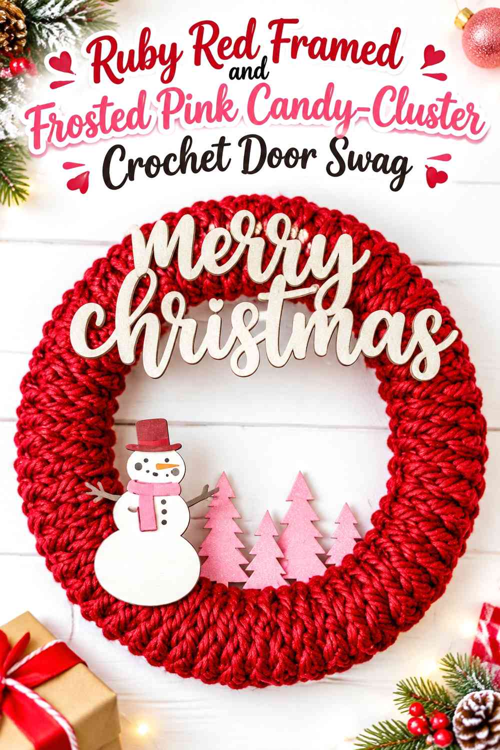 Ruby Red Framed and Frosted Pink Candy-Cluster Crochet Door Swag