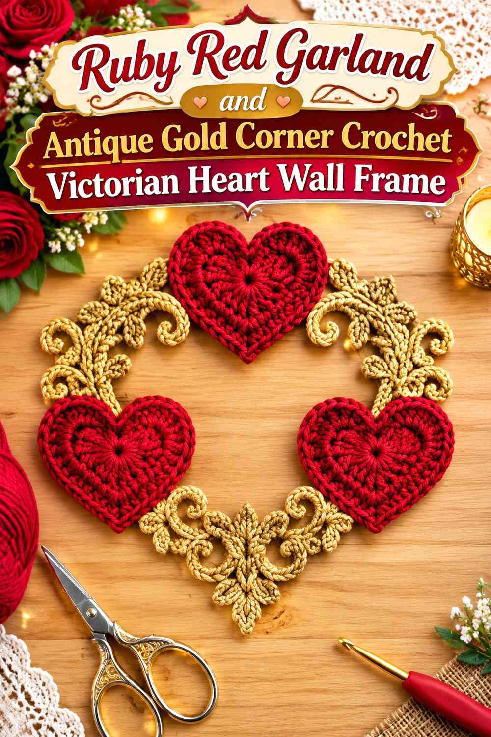 Ruby Red Garland and Antique Gold Corner Crochet Victorian Heart Wall Frame