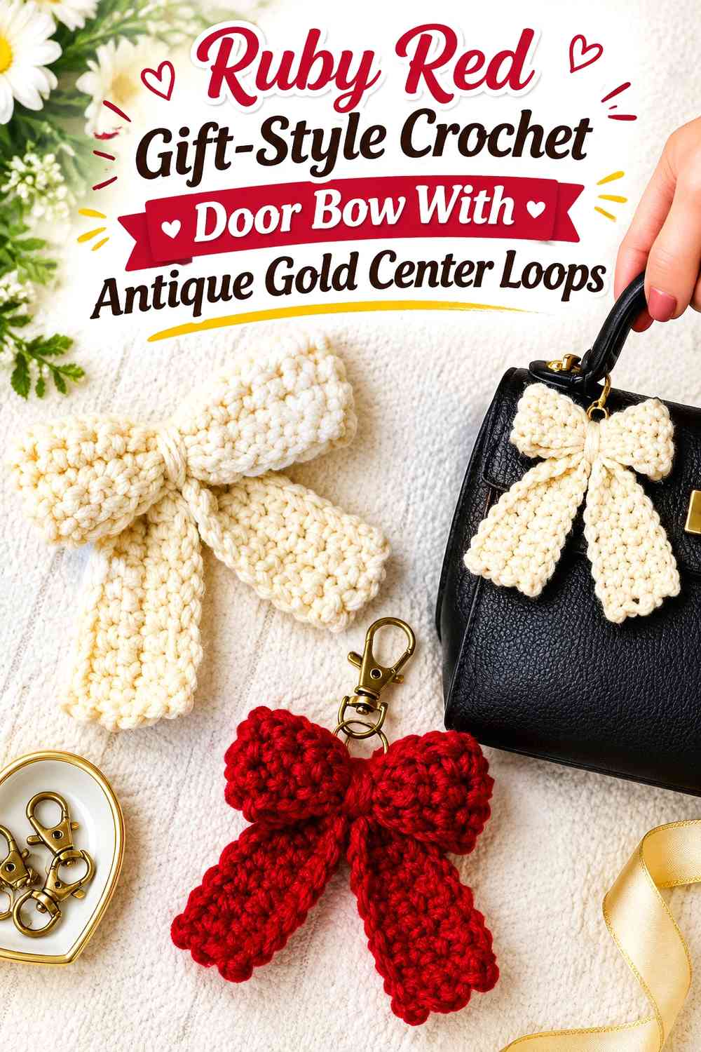 Ruby Red Gift-Style Crochet Door Bow With Antique Gold Center Loops