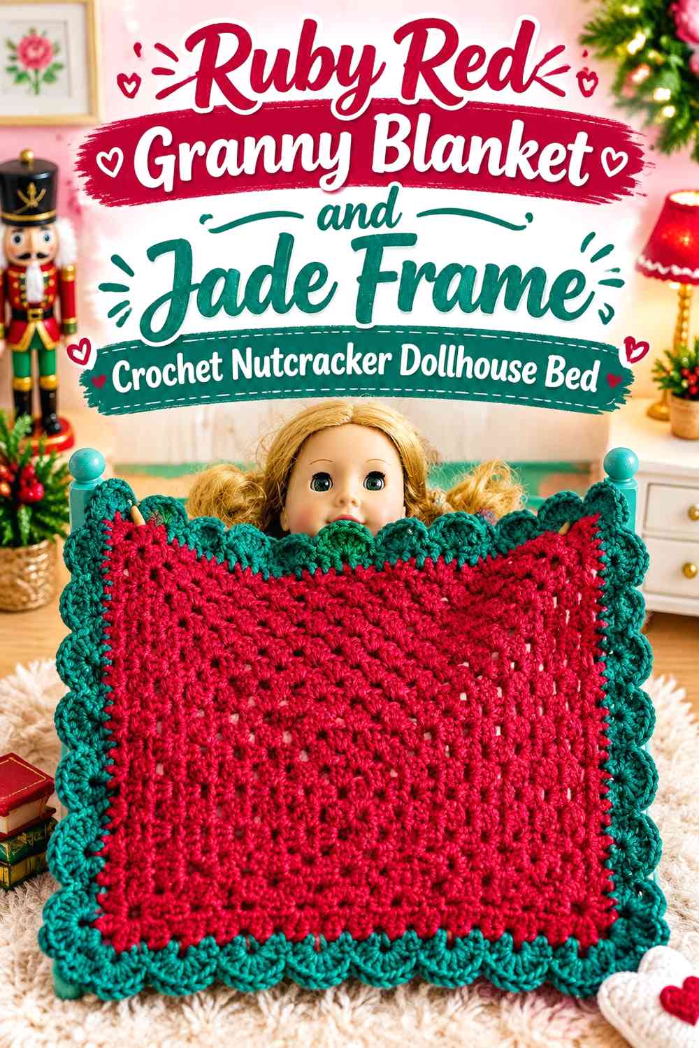 Ruby Red Granny Blanket and Jade Frame Crochet Nutcracker Dollhouse Bed
