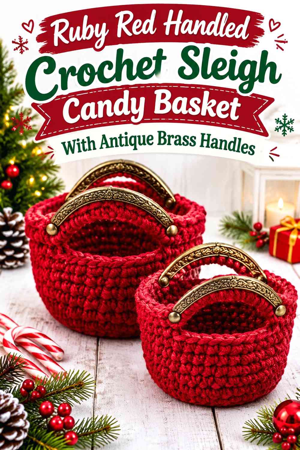 Ruby Red Handled Crochet Sleigh Candy Basket With Antique Brass Handles