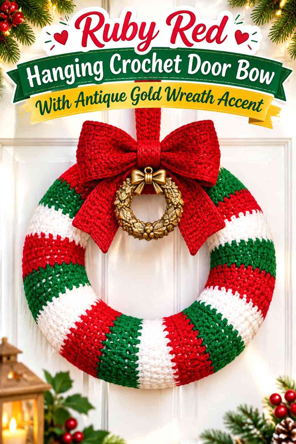 Ruby Red Hanging Crochet Door Bow With Antique Gold Wreath Accent
