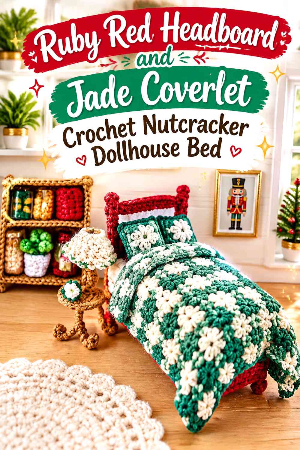 Ruby Red Headboard and Jade Coverlet Crochet Nutcracker Dollhouse Bed