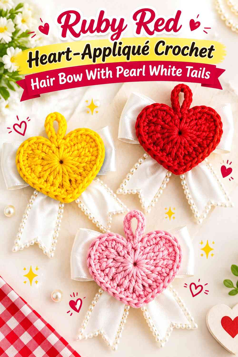 Ruby Red Heart-Appliqué Crochet Hair Bow With Pearl White Tails