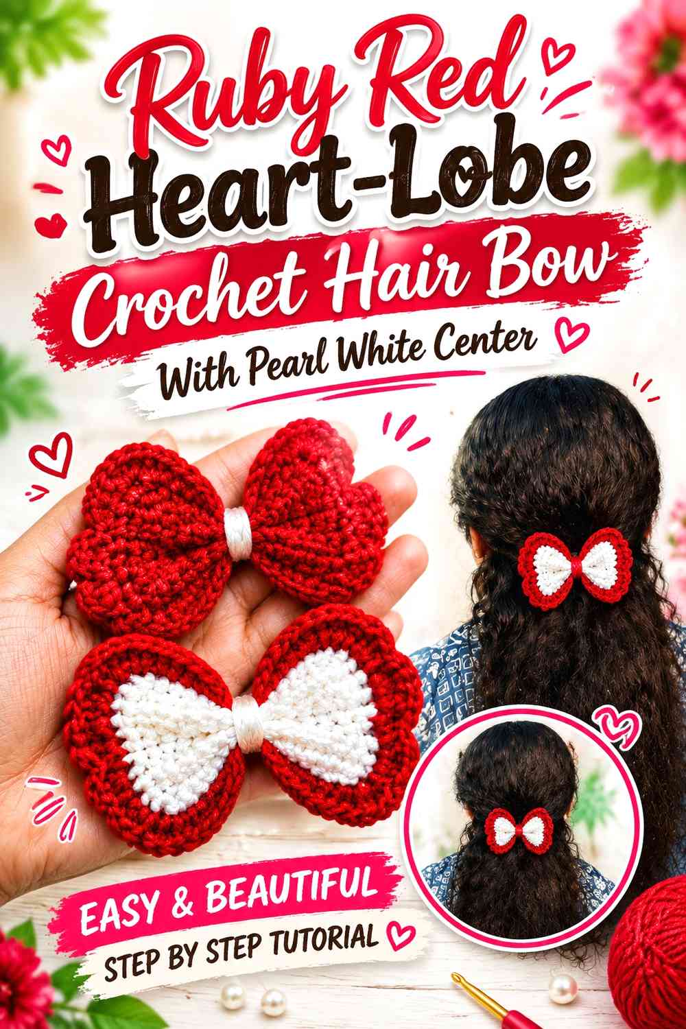 Ruby Red Heart-Lobe Crochet Hair Bow With Pearl White Center