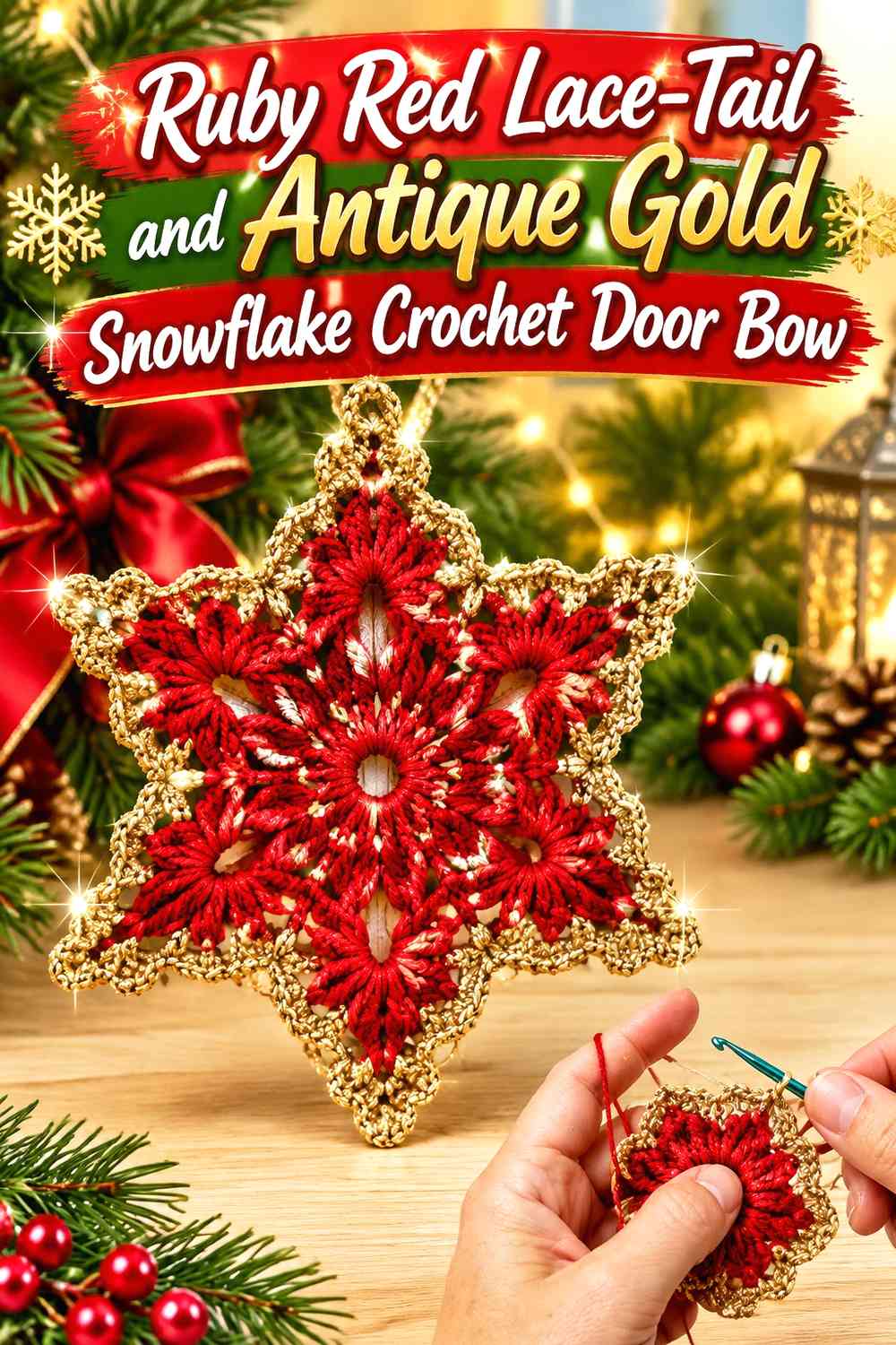 Ruby Red Lace-Tail and Antique Gold Snowflake Crochet Door Bow