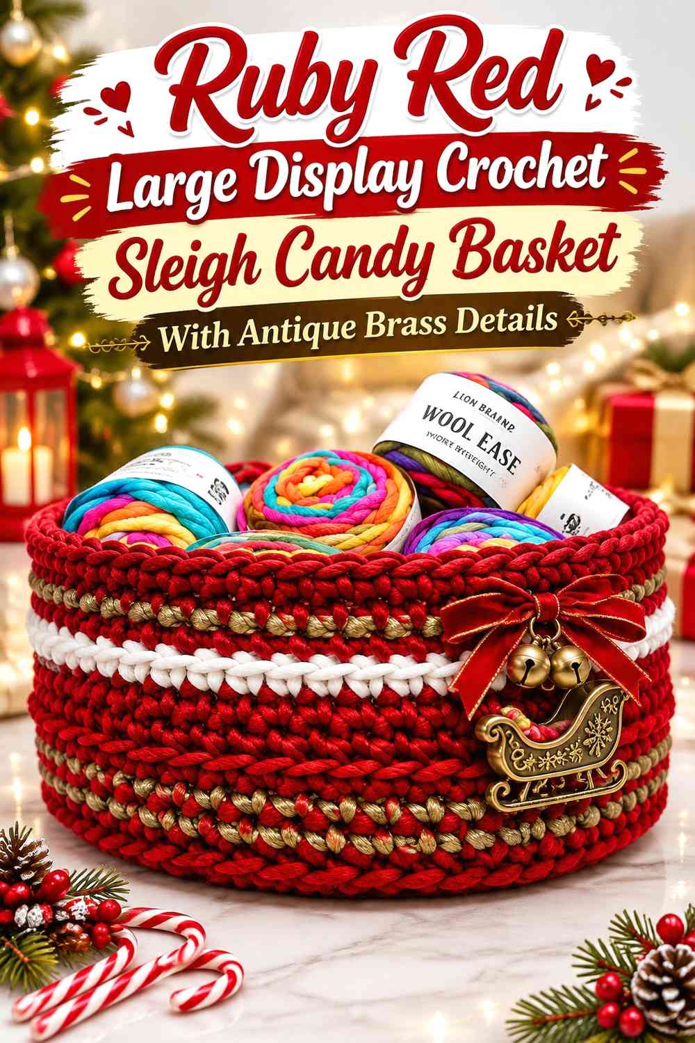 Ruby Red Large Display Crochet Sleigh Candy Basket With Antique Brass Details