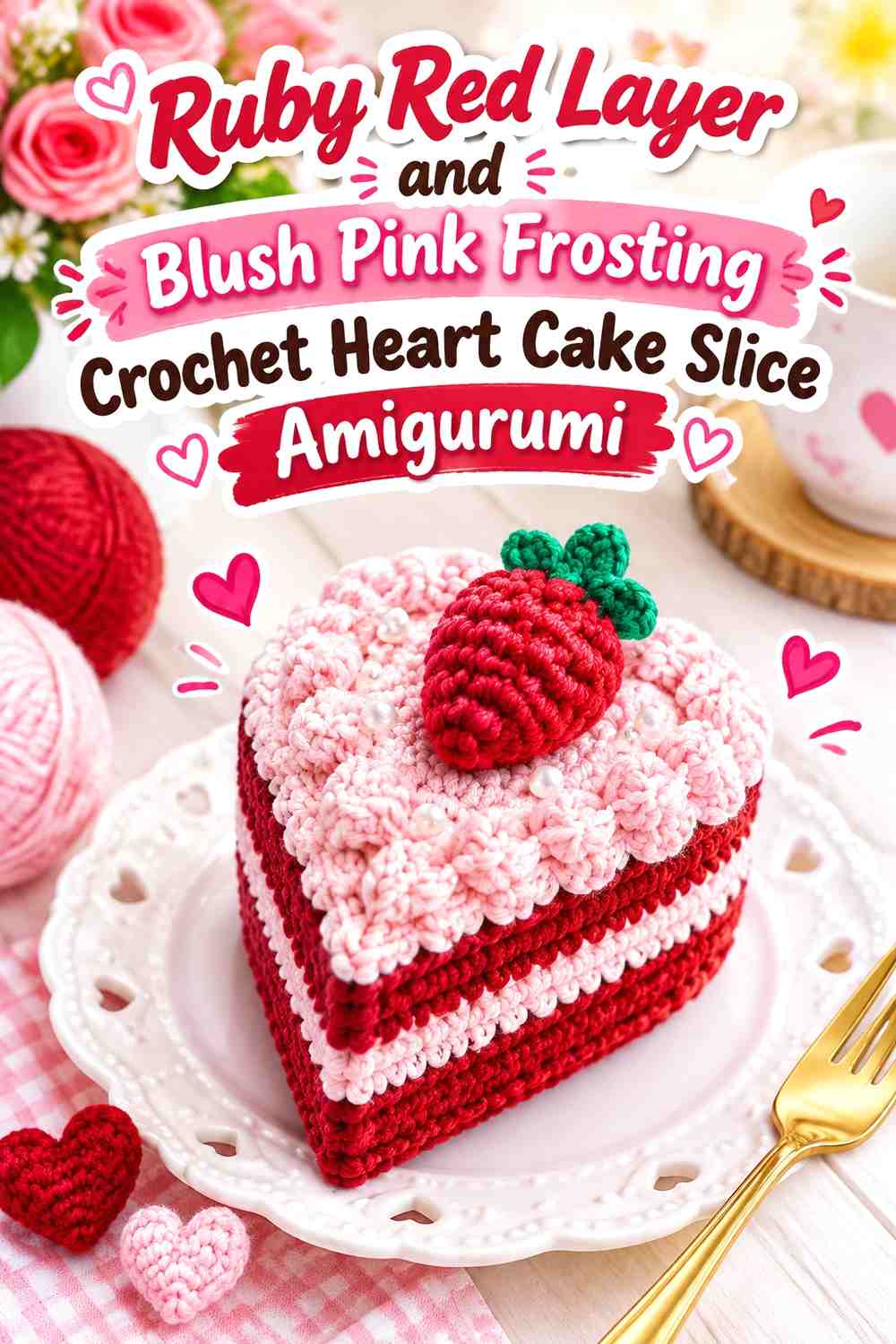 Ruby Red Layer and Blush Pink Frosting Crochet Heart Cake Slice Amigurumi