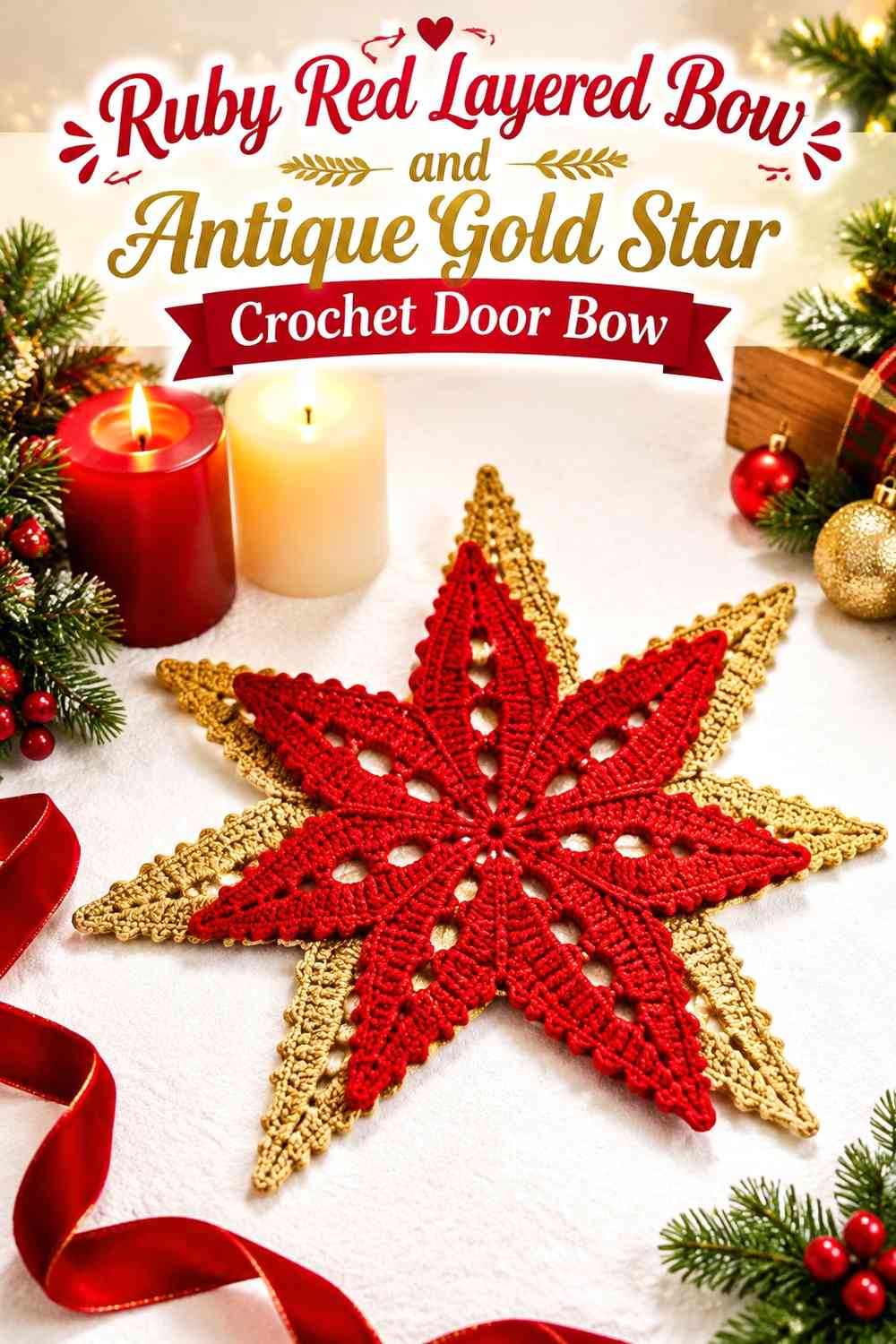 Ruby Red Layered Bow and Antique Gold Star Crochet Door Bow