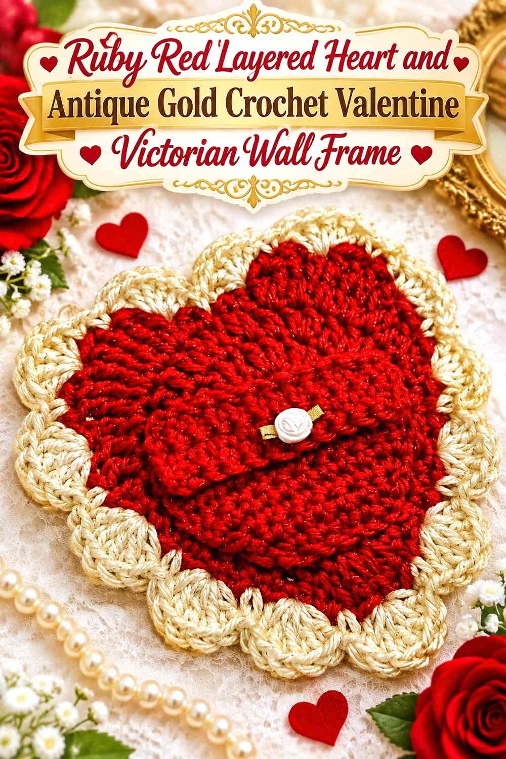 Ruby Red Layered Heart and Antique Gold Crochet Valentine Victorian Wall Frame