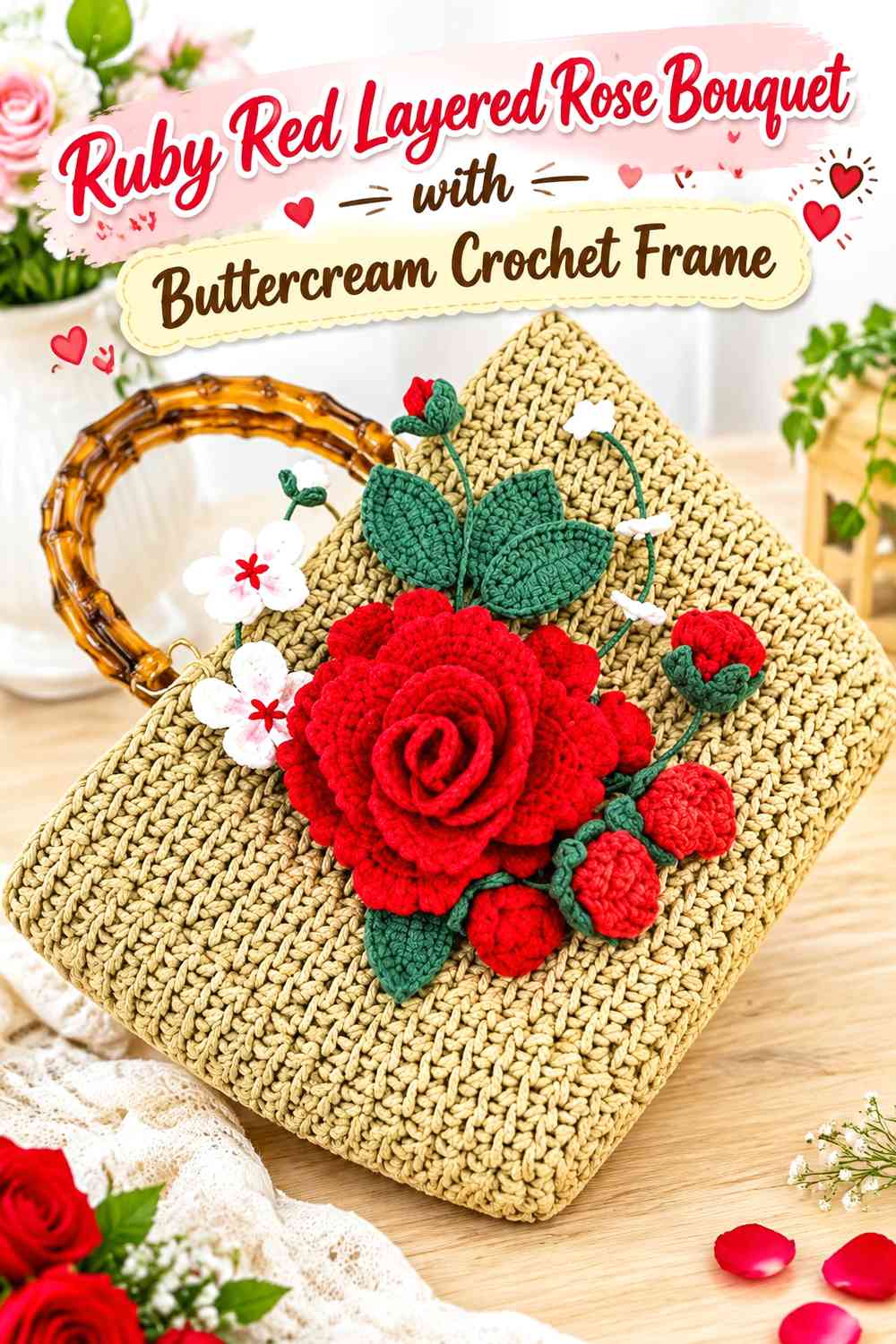 Ruby Red Layered Rose Bouquet with Buttercream Crochet Frame