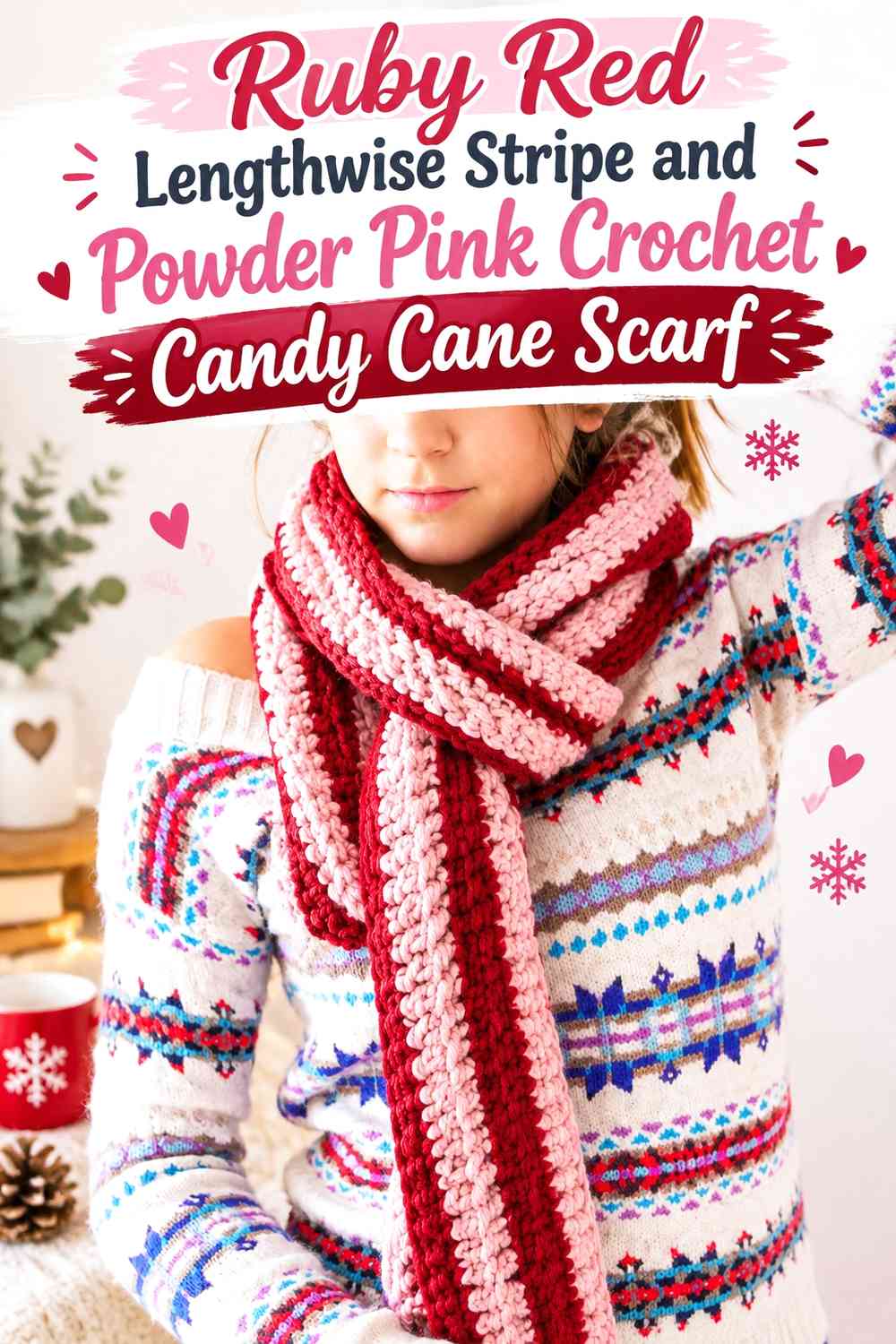 Ruby Red Lengthwise Stripe and Powder Pink Crochet Candy Cane Scarf