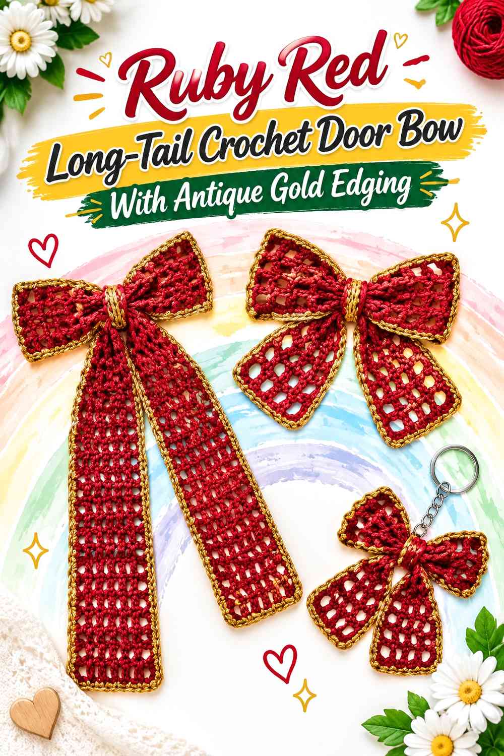 Ruby Red Long-Tail Crochet Door Bow With Antique Gold Edging