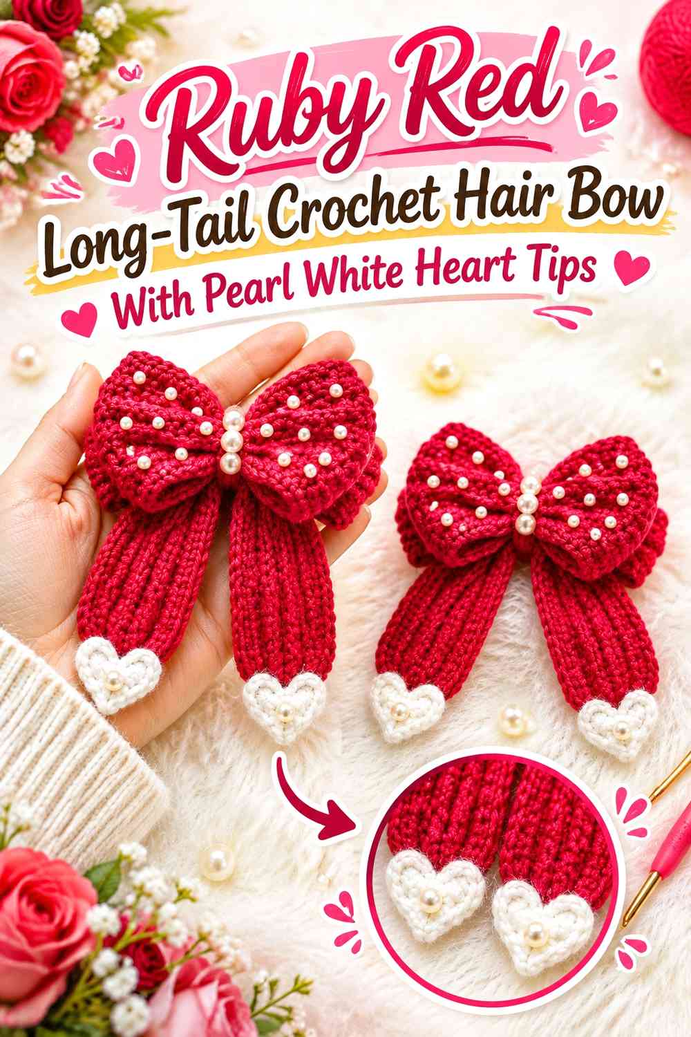 Ruby Red Long-Tail Crochet Hair Bow With Pearl White Heart Tips