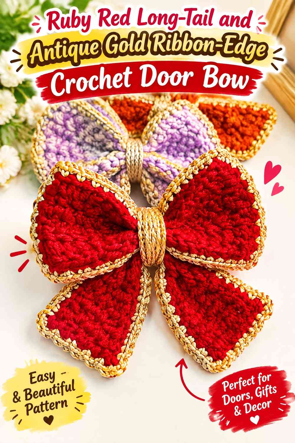 Ruby Red Long-Tail and Antique Gold Ribbon-Edge Crochet Door Bow