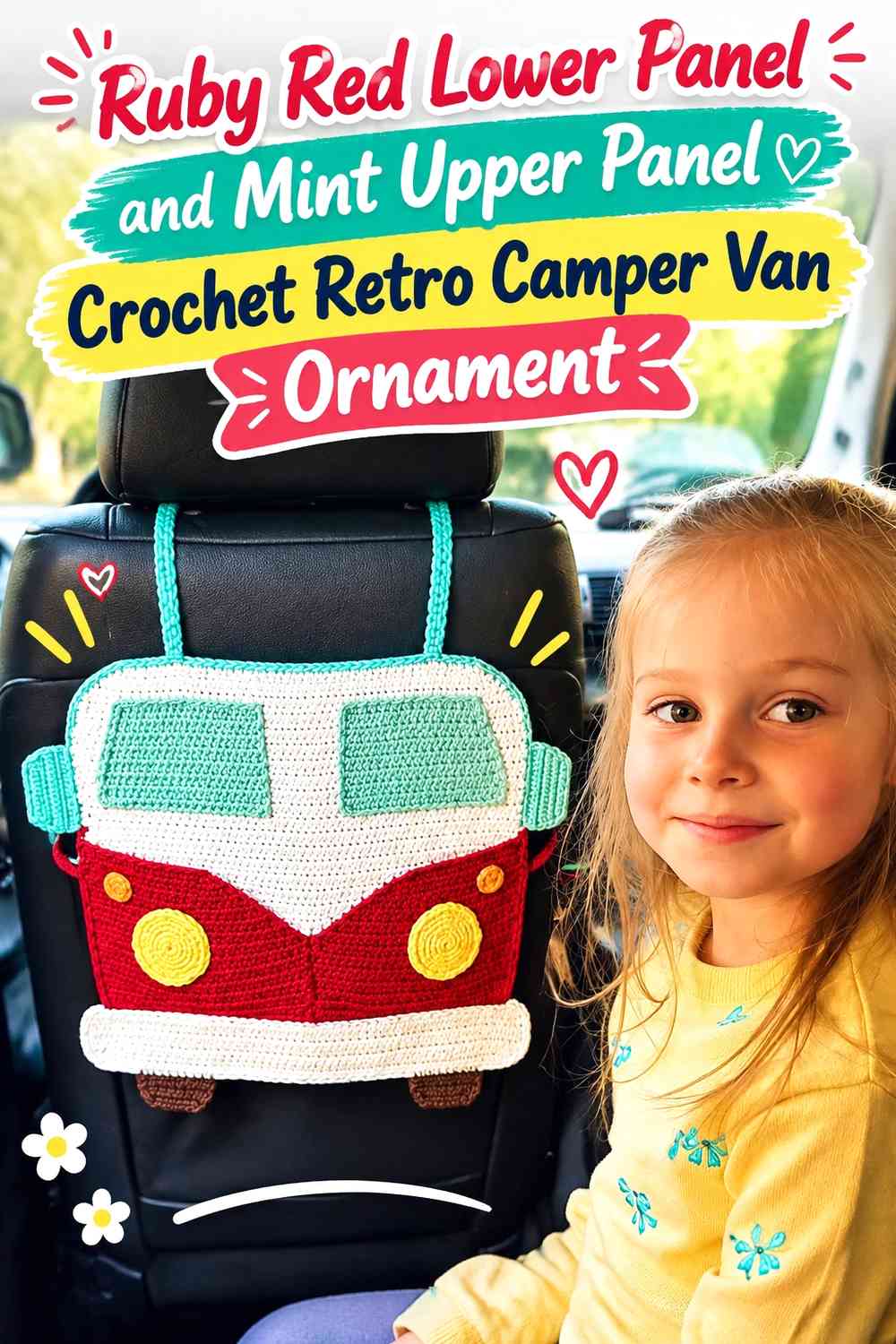 Ruby Red Lower Panel and Mint Upper Panel Crochet Retro Camper Van Ornament