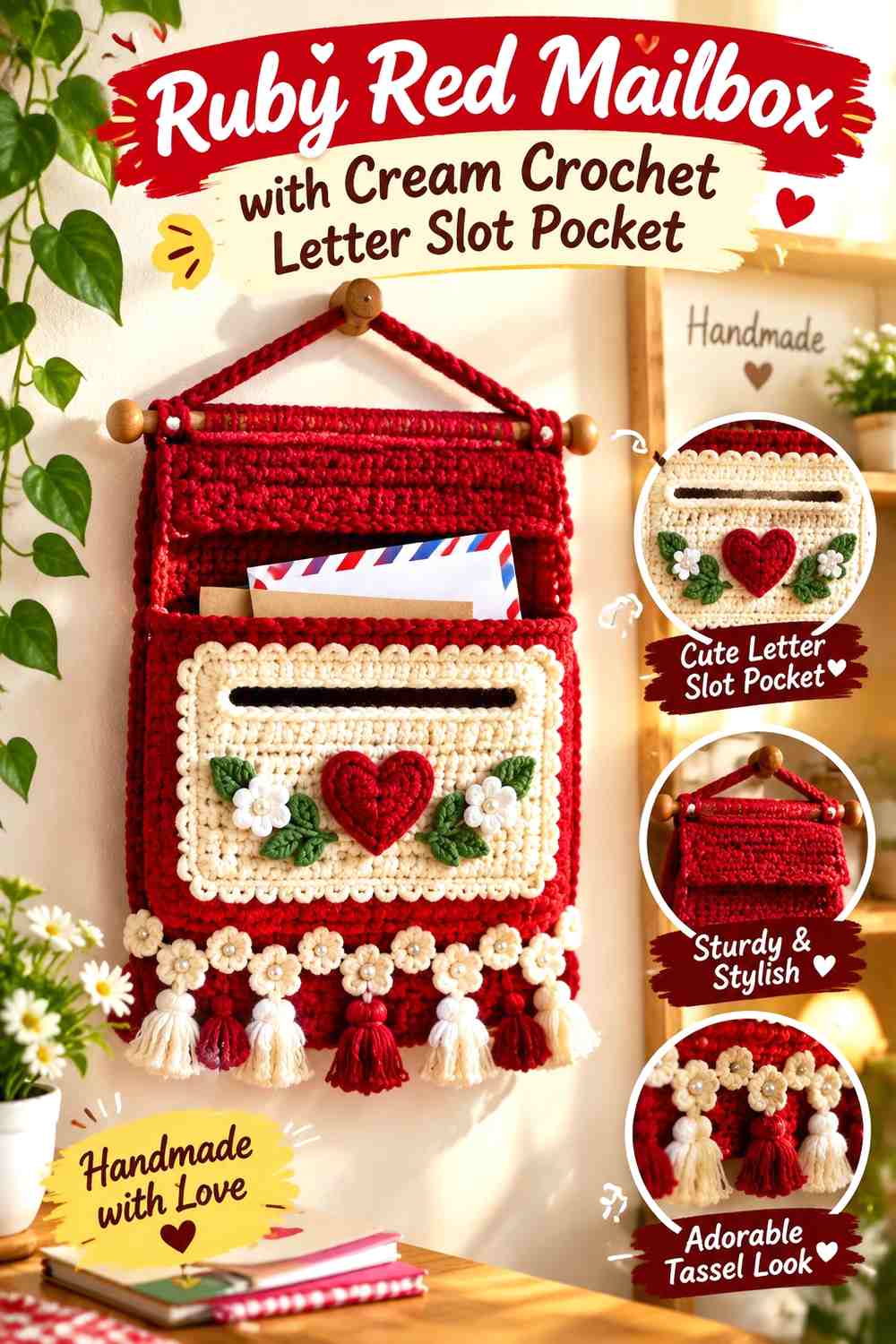 Ruby Red Mailbox with Cream Crochet Letter Slot Pocket