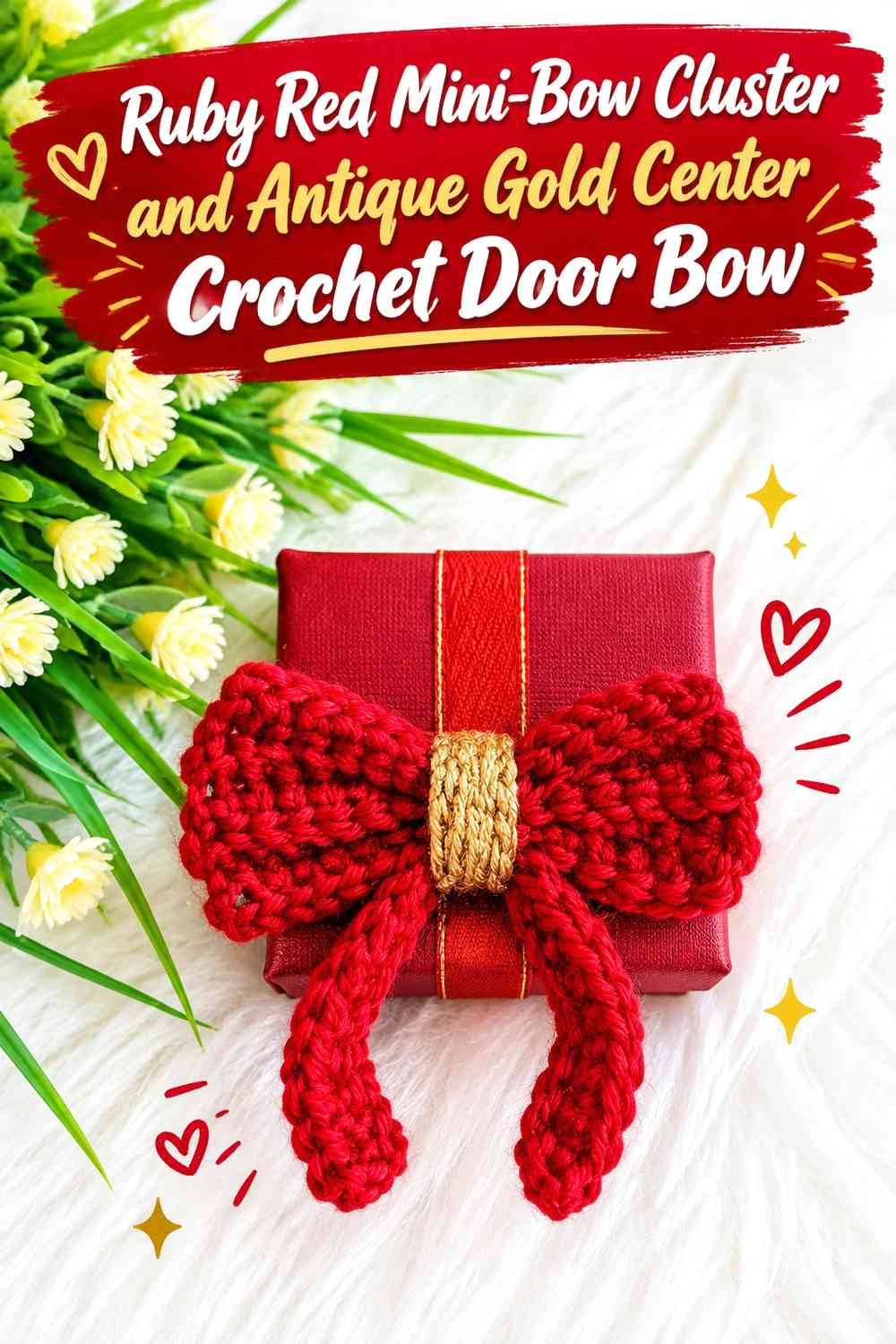 Ruby Red Mini-Bow Cluster and Antique Gold Center Crochet Door Bow