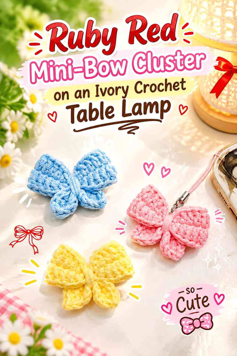 Ruby Red Mini-Bow Cluster on an Ivory Crochet Table Lamp