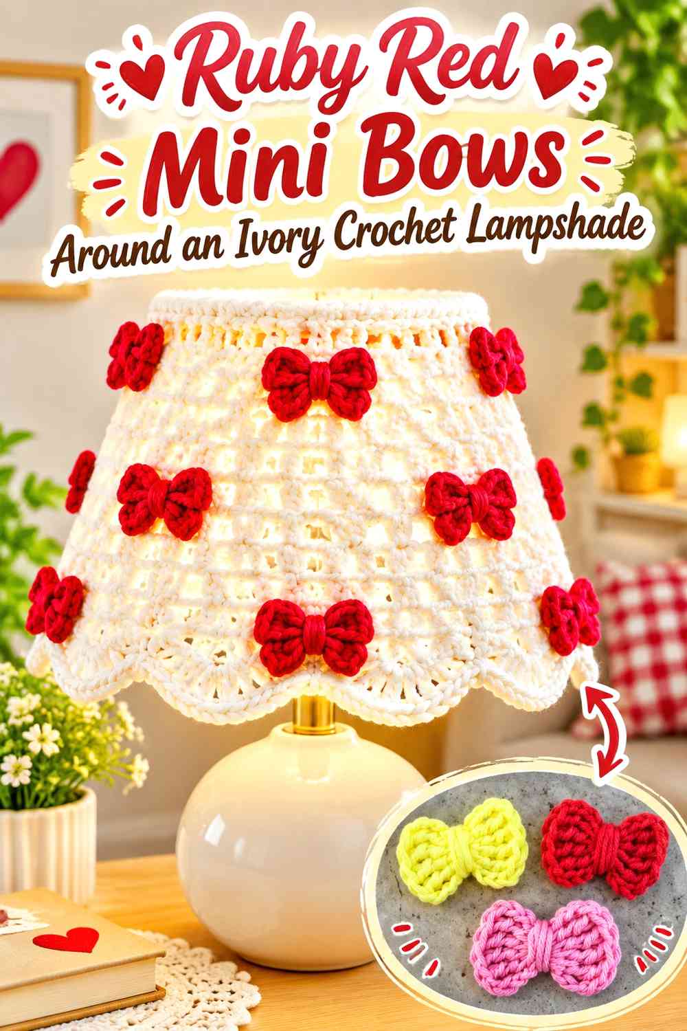 Ruby Red Mini Bows Around an Ivory Crochet Lampshade