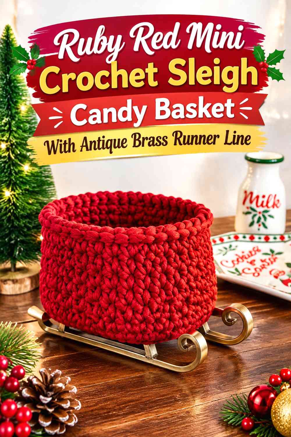 Ruby Red Mini Crochet Sleigh Candy Basket With Antique Brass Runner Line