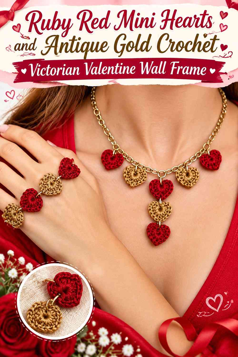 Ruby Red Mini Hearts and Antique Gold Crochet Victorian Valentine Wall Frame