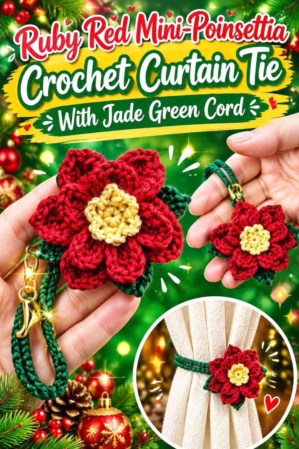 Ruby Red Mini-Poinsettia Crochet Curtain Tie With Jade Green Cord