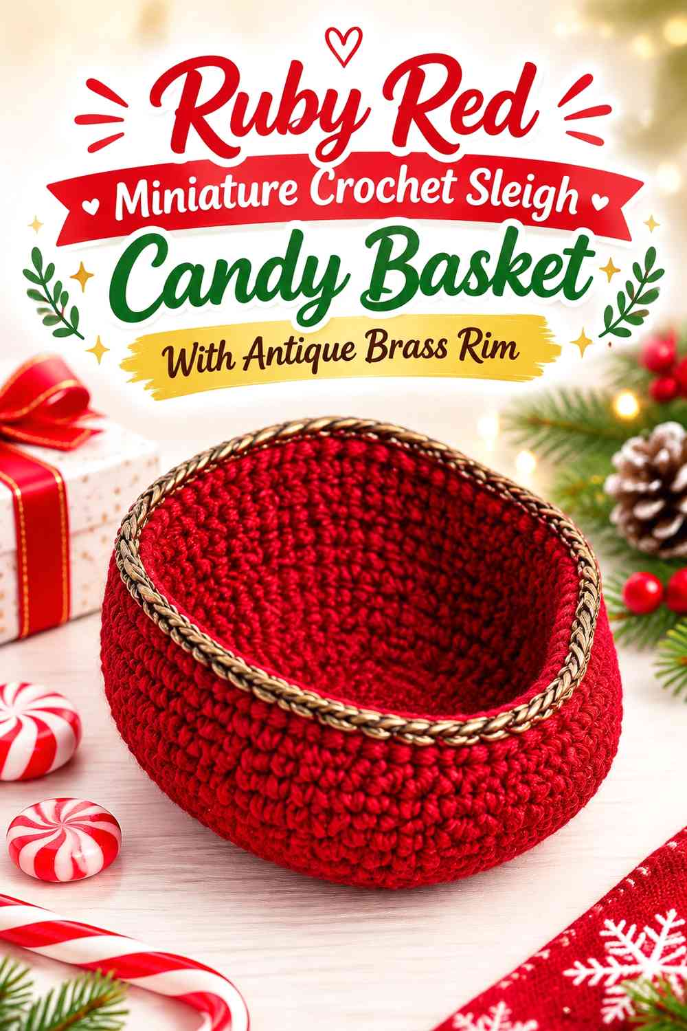 Ruby Red Miniature Crochet Sleigh Candy Basket With Antique Brass Rim