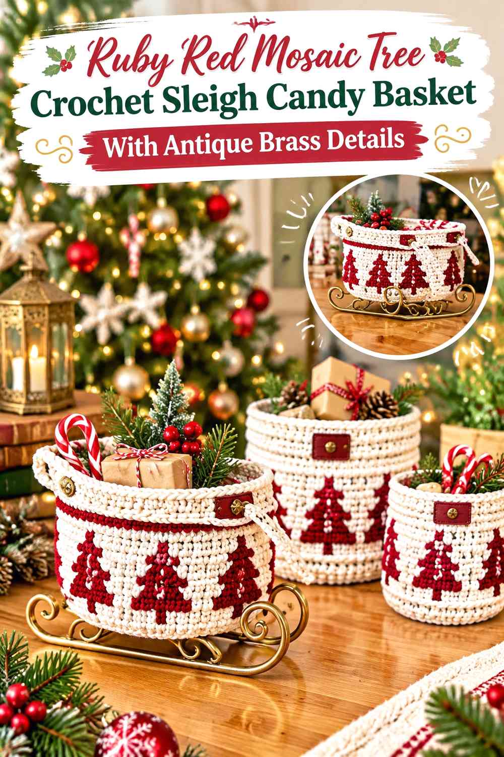 Ruby Red Mosaic Tree Crochet Sleigh Candy Basket With Antique Brass Details