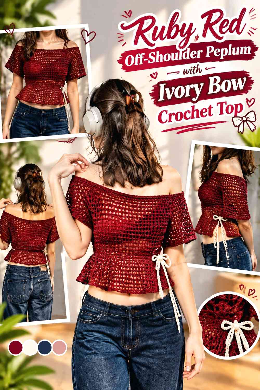 Ruby Red Off-Shoulder Peplum with Ivory Bow Crochet Top