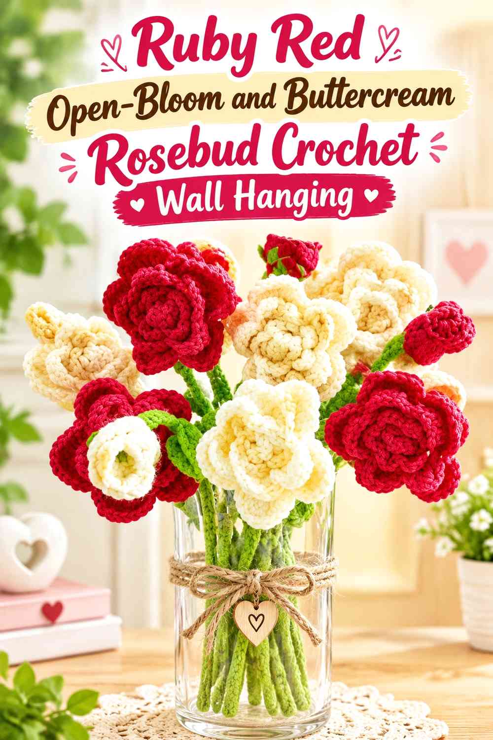 Ruby Red Open-Bloom and Buttercream Rosebud Crochet Wall Hanging