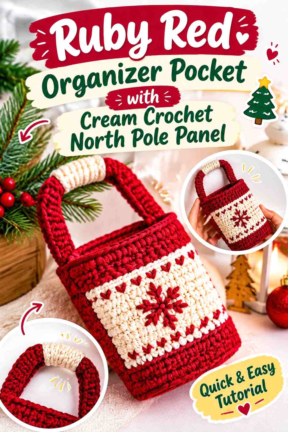 Ruby Red Organizer Pocket with Cream Crochet North Pole Panel