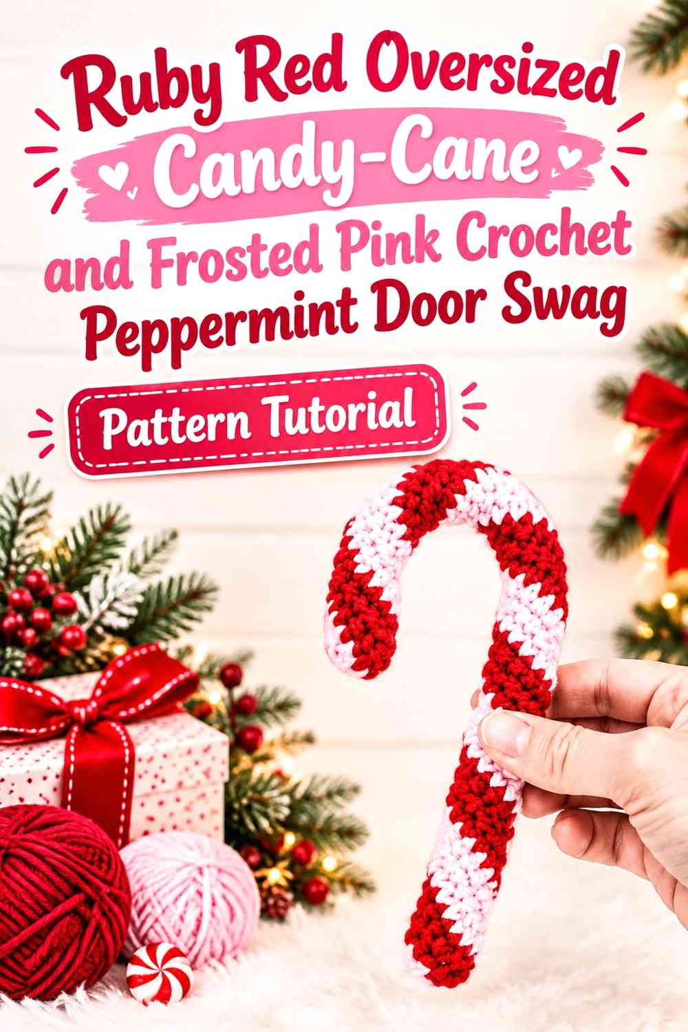 Ruby Red Oversized Candy-Cane and Frosted Pink Crochet Peppermint Door Swag