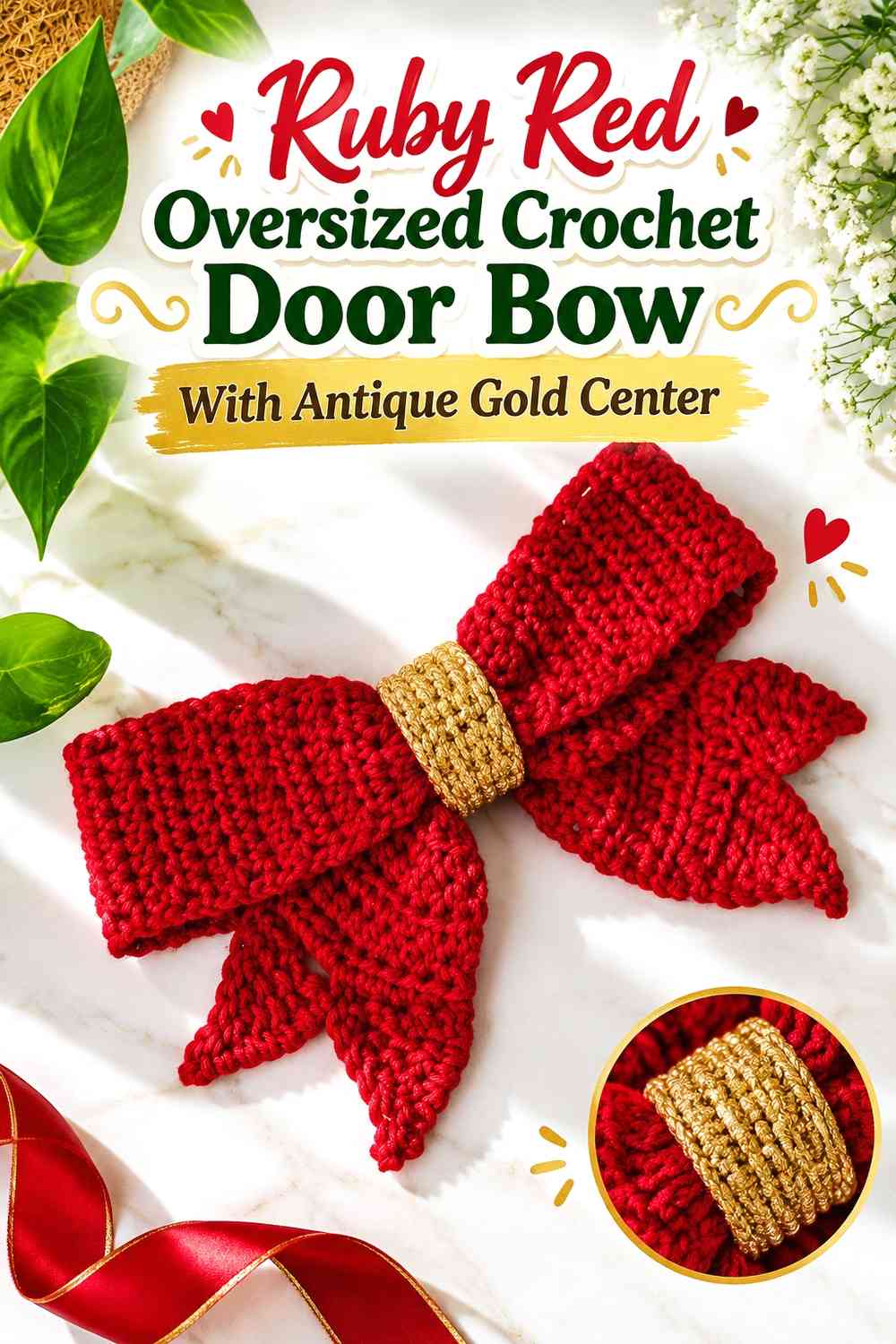 Ruby Red Oversized Crochet Door Bow With Antique Gold Center