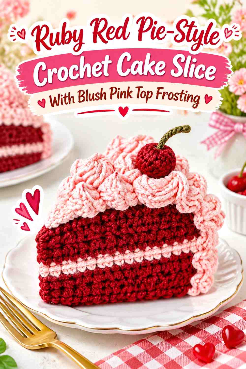 Ruby Red Pie-Style Crochet Cake Slice With Blush Pink Top Frosting