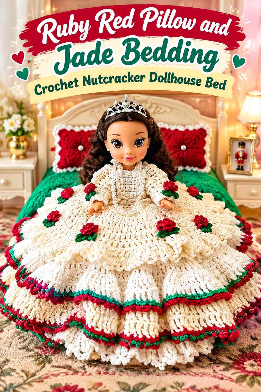 Ruby Red Pillow and Jade Bedding Crochet Nutcracker Dollhouse Bed