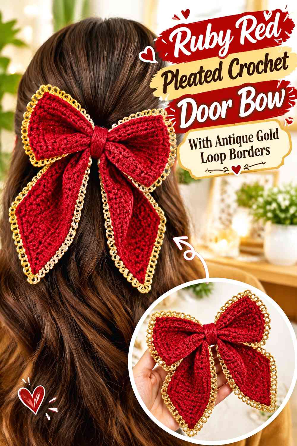 Ruby Red Pleated Crochet Door Bow With Antique Gold Loop Borders