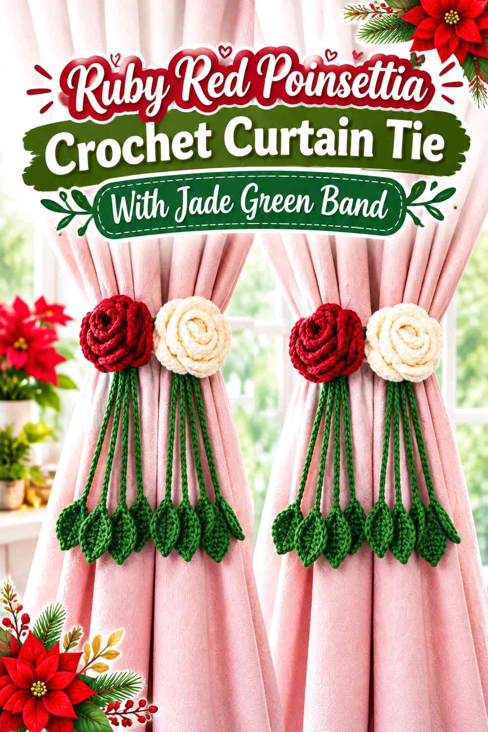 Ruby Red Poinsettia Crochet Curtain Tie With Jade Green Band