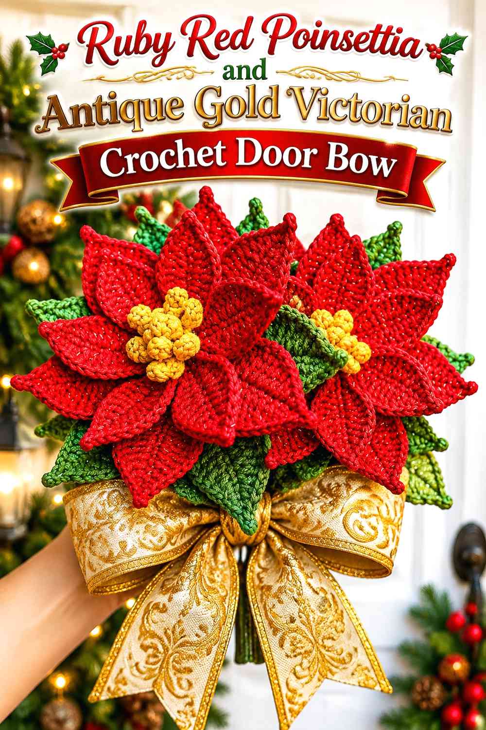 Ruby Red Poinsettia and Antique Gold Victorian Crochet Door Bow