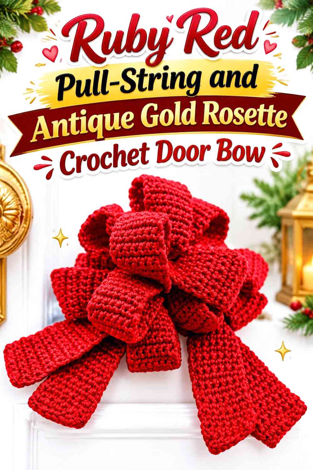 Ruby Red Pull-String and Antique Gold Rosette Crochet Door Bow