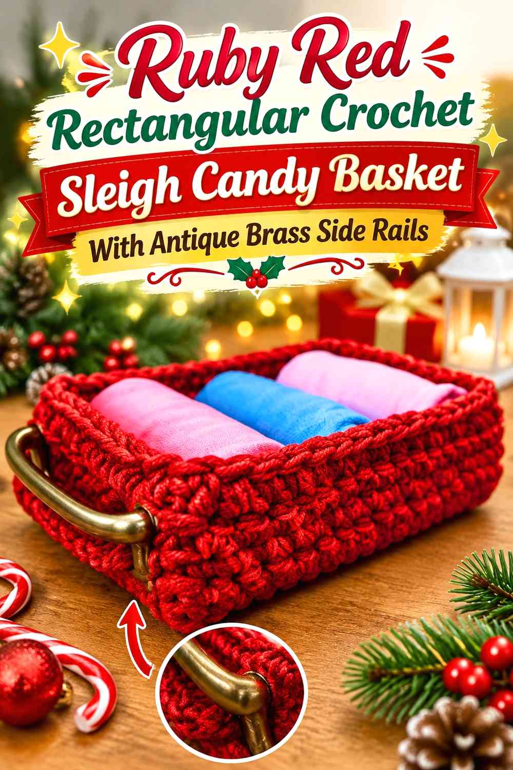 Ruby Red Rectangular Crochet Sleigh Candy Basket With Antique Brass Side Rails