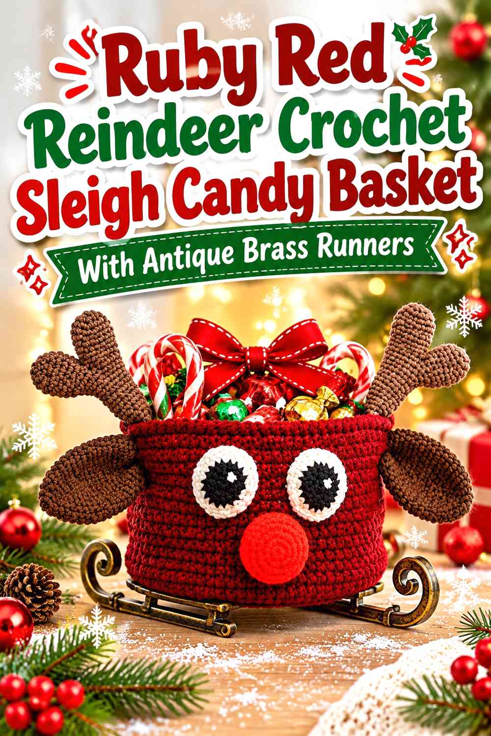 Ruby Red Reindeer Crochet Sleigh Candy Basket With Antique Brass Runners