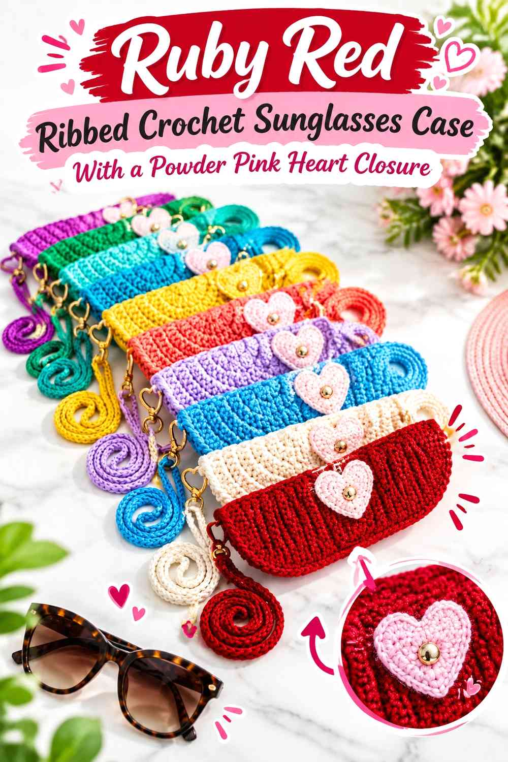 Ruby Red Ribbed Crochet Sunglasses Case With a Powder Pink Heart Closure