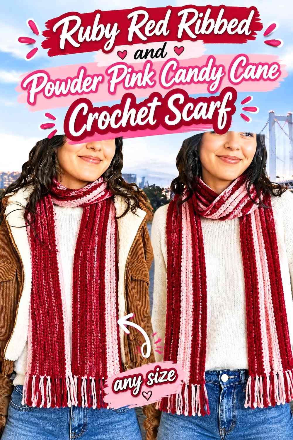 Ruby Red Ribbed and Powder Pink Candy Cane Crochet Scarf