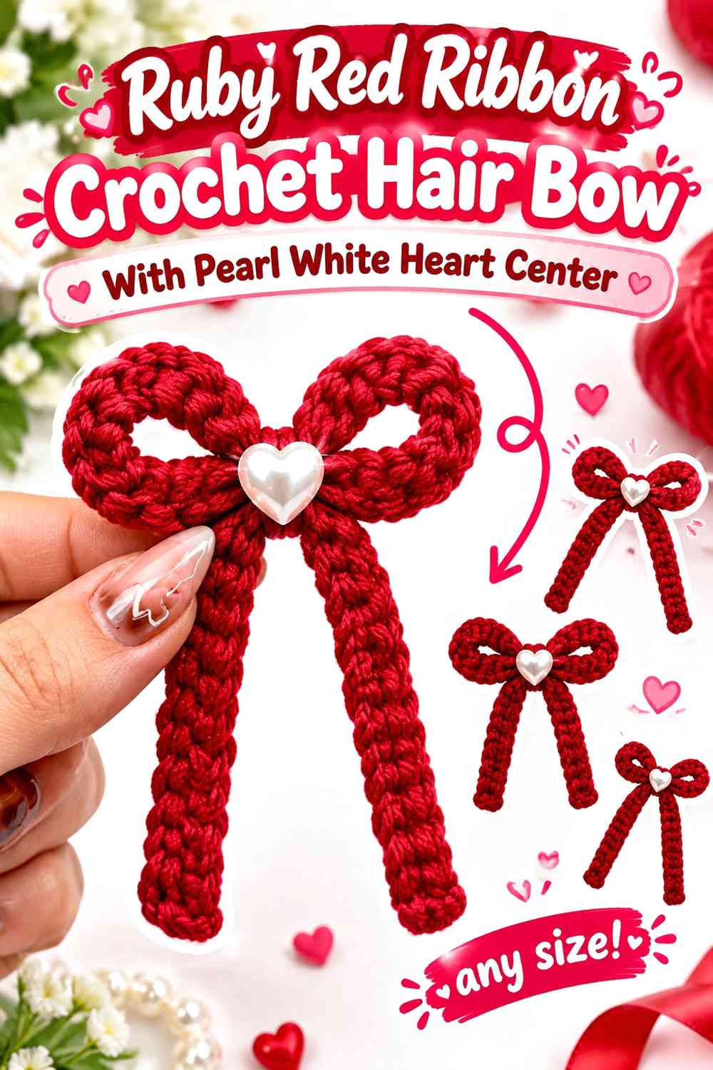 Ruby Red Ribbon Crochet Hair Bow With Pearl White Heart Center