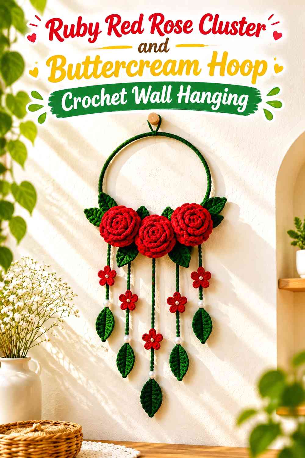 Ruby Red Rose Cluster and Buttercream Hoop Crochet Wall Hanging