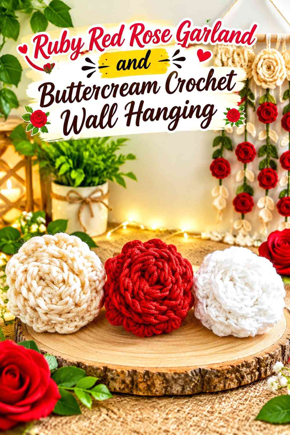 Ruby Red Rose Garland and Buttercream Crochet Wall Hanging
